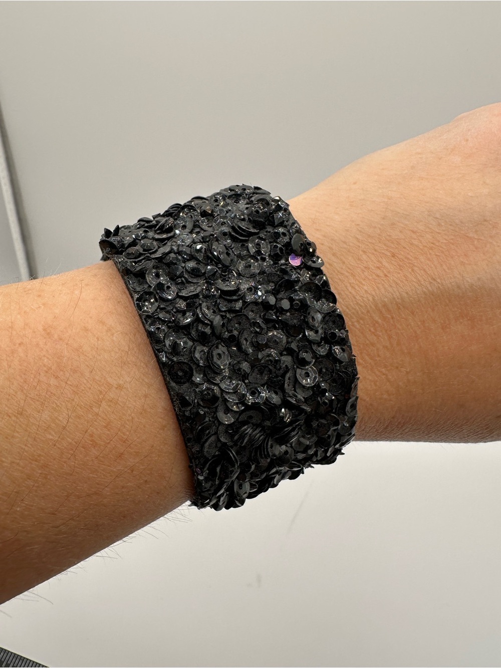 Glam Black Sequin Wide Cuff Bracelet Faux Suede Double Snap Closure